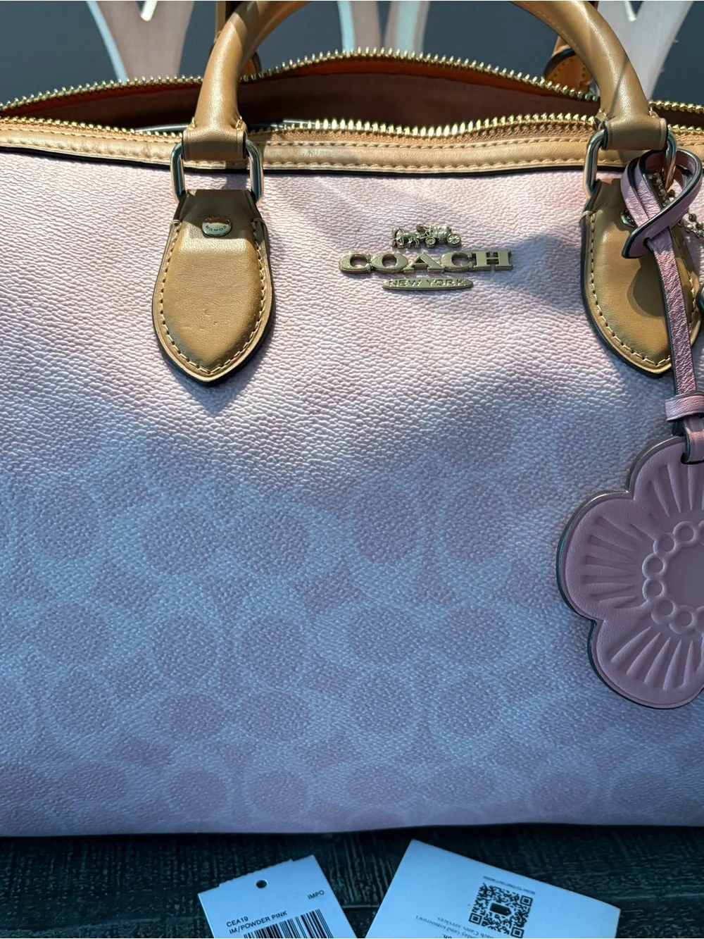 Coach Signature powder pink large Rowan Satchel with Tan Trim and Gold Hardware